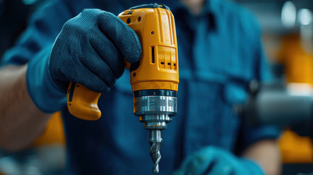 A man is holding a drill with a blue glove on his left hand. The drill is yellow and has a black handleの素材
