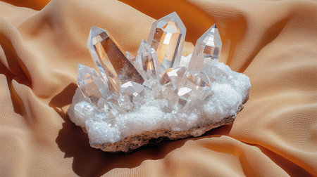 A crystal formation sits on a table. The crystals are clear and white, and they are arranged in a pyramid shape. The table is covered with a yellow cloth, which adds a warmの素材
