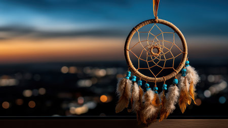 A dreamcatcher with blue beads hanging from it. The dreamcatcher is hanging from a string and is in the middle of a city skylineの素材