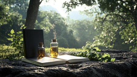 A book and two vials of oil are on a rock. The vials are on the left and right side of the book. The book is open to a page with a picture of a treeの素材