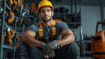 A man in a yellow helmet and safety vest sits on the floor. He is wearing gloves and a shirt with the letters "S" and "W" on itの素材