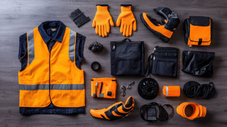 A collection of safety gear and clothing, including a yellow vest, orange gloves, and orange shoesの素材