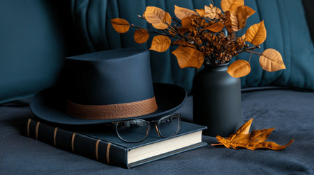 A hat and a pair of glasses are on top of a book. The hat is black and the glasses are black as well. The scene gives off a vintageの素材