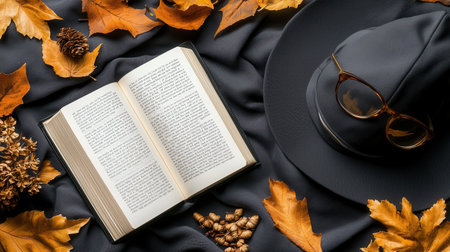 A book is open on a table with a hat and some leaves. The book is titled "The Book of Shadows" and is written in black. The hat is a fedora and the leaves are orange and yellowの素材