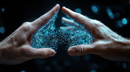 Two hands are shown in a close up, with a blue glow surrounding them. Concept of connection and unity, as if the two hands are intertwined or fused togetherの素材