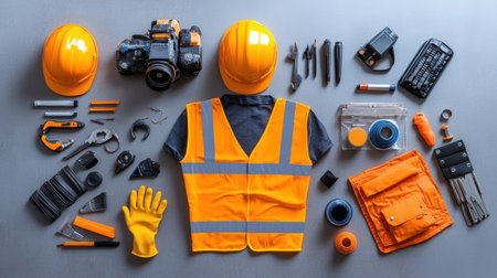 A collection of tools and safety gear, including a hard hat and safety vest, are laid out on a tableの素材