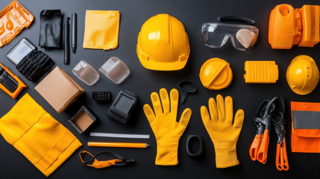 A collection of safety equipment and tools. Concept of preparedness and cautionの素材