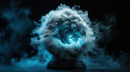 A glowing blue sphere of smoke is floating in the air. The smoke is thick and dense, creating a sense of mystery and wonder. The sphere appears to be a crystal ballの素材