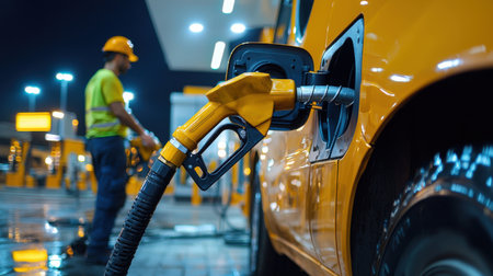 A man in a yellow vest is filling up a car with gas. The scene is set at a gas station at nightの素材