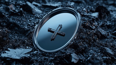 A silver coin with a cross on it is sitting in a puddle of water. The water is murky and the coin is partially submerged. The scene is dark and moody, with the waterの素材