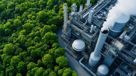 A large industrial plant with smoke coming out of it. The plant is surrounded by treesの素材