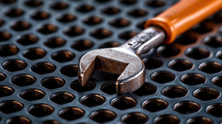 A rusty wrench is on a black surface. The wrench is bent and has a missing piece. Concept of wear and tear, as well as the idea of something that has been used and is no longer in perfect conditionの素材