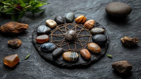 A stone circle with many different colored stones and a small ball in the center. The stones are arranged in a circle and the ball is in the middleの素材