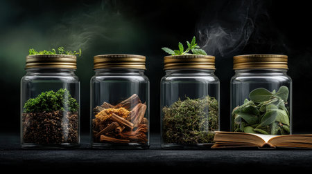 Four jars of herbs and spices are displayed on a table next to an open book. The jars are filled with various herbs and spices, including parsley, basil, and rosemaryの素材