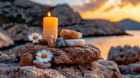A candle is lit on a rock next to some rocks and flowers. The scene is serene and peaceful, with the candle providing a warm and calming glow. The rocks and flowers add a natural touch to the sceneの素材