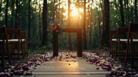 A wooden walkway with a small table and flowers on it. The table is surrounded by chairsの素材
