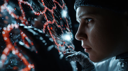 A woman is looking at a computer screen with a red and black pattern. She is wearing gloves and a hatの素材