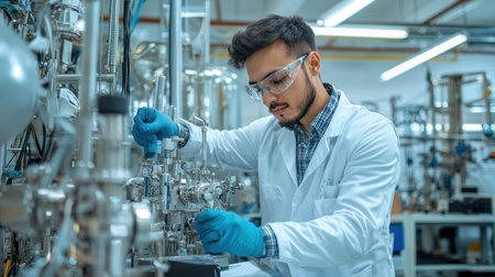 A man in a lab coat is working on a machine. He is wearing gloves and a lab coatの素材