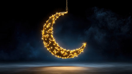 A glowing, lit up crescent moon hanging from the ceiling. The image has a dreamy, ethereal quality to it, with the moon casting a soft, warm glow over the scene. The use of lightの素材