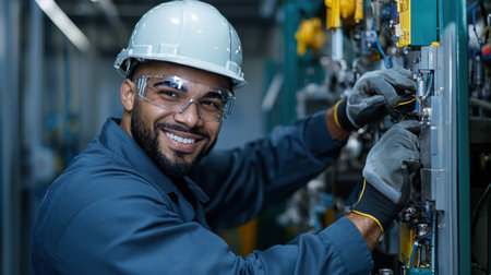 A man in a blue shirt and a white helmet is smiling while working on a machine. He is wearing safety goggles and glovesの素材