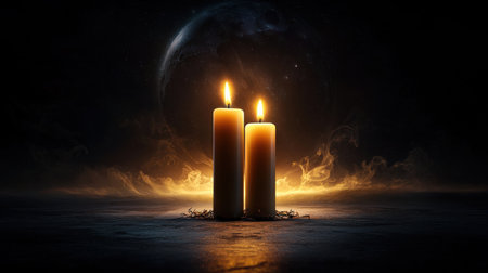 Two candles are lit in a dark room. The candles are lit in a way that they are almost invisible. The room is dark and the candles are the only source of light. Scene is mysterious and calmingの素材