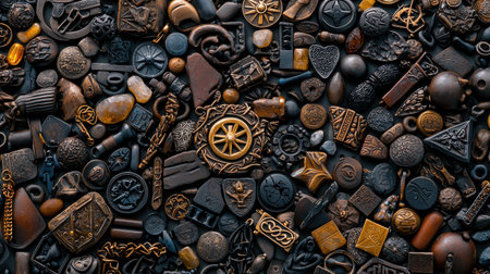 A collection of various metal objects, including coins, buttons, and other trinkets, are scattered across a surface. Concept of nostalgia and a connection to the pastの素材