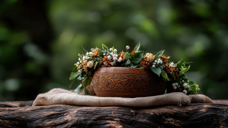 A wooden bowl with flowers in it is sitting on a table. The bowl is brown and the flowers are orange and white. The bowl is placed on a cloth, which is also brown. The scene has a naturalの素材