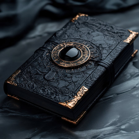 A black leather bound book with a black stone on the cover. The stone is shaped like a circle and has a gold rim. The book appears to be old and worn, with a sense of mystery and intrigueの素材