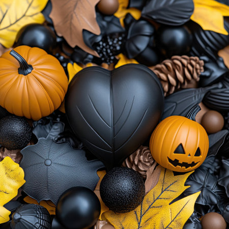 A black heart is surrounded by orange and black decorations, including pumpkins and leaves. The heart is the main focus of the image, and the other decorations add a festive and spooky atmosphereの素材
