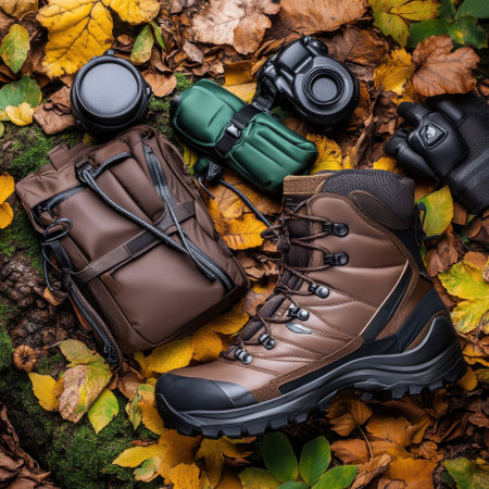 A brown backpack and a pair of brown boots are on a pile of leaves. The backpack is brown and has a black strapの素材