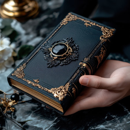 A person is holding a black book with a gold embossed cover. The book is large and has a black cover with gold accentsの素材