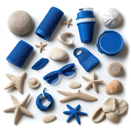 A variety of blue and white objects, including a blue cup, a blue towel, and a blue umbrella. The objects are scattered across the image, creating a sense of chaos and disorganizationの素材