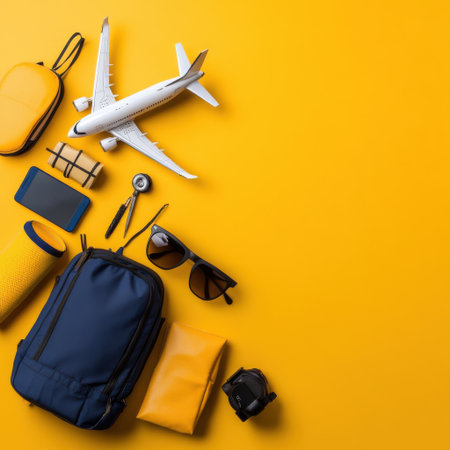 A yellow background with a blue bag, a white suitcase, a pair of sunglasses, a camera, and a model airplaneの素材