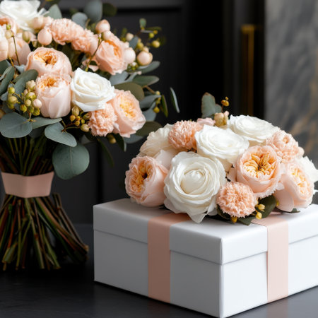 A bouquet of flowers sits next to a white box. The flowers are pink and white, and the box is white with pink ribbon. Concept of celebration and joy, as the flowersの素材