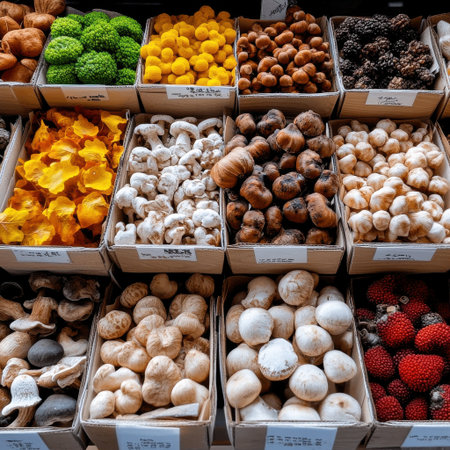 A variety of mushrooms and other vegetables are displayed in boxes. The boxes are arranged in rows, with some containing mushrooms and others containing other vegetables. Scene is one of abundanceの素材