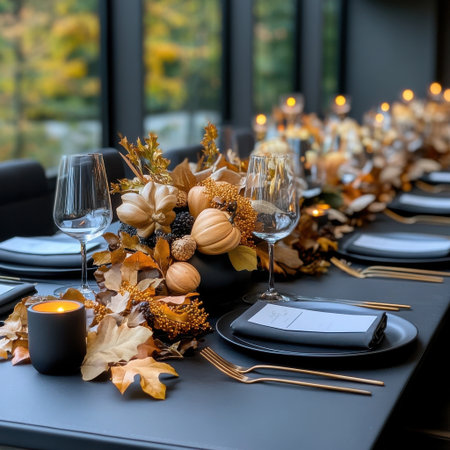 A table with a black tablecloth and a black table setting with a pumpkin centerpiece. The table is set for a dinner party with a pumpkin centerpiece and a pumpkin-themed tableclothの素材