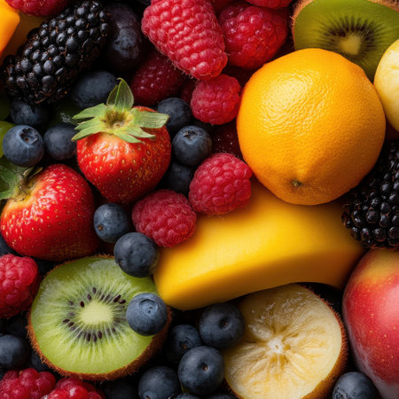 A colorful assortment of fruits including strawberries, blueberries, raspberries, kiwi, oranges, and bananasの素材