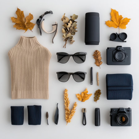 A collection of items including a sweater, sunglasses, and a camera. Concept of travel and adventure, as the items suggest that the person is packing for a tripの素材