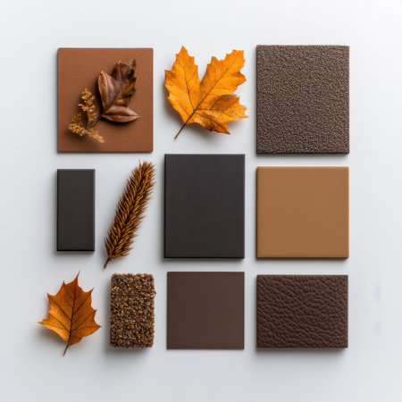 A variety of brown and tan tiles arranged in a square pattern. The tiles are accompanied by a leaf and a piece of leather, creating a visually interesting and unique displayの素材