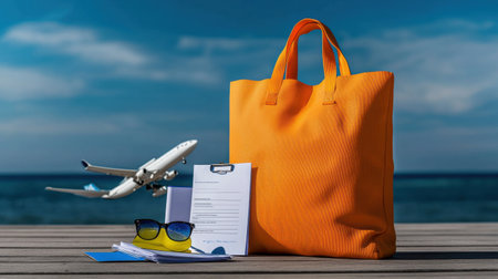 A bag with a plane and a piece of paper on it. The bag is orange and is on a wooden platformの素材
