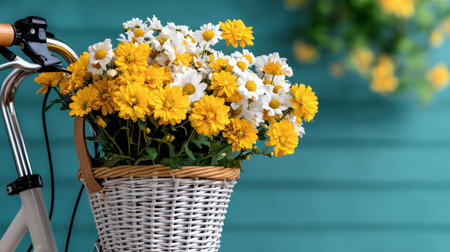 A bicycle has a basket filled with yellow and white flowersの素材