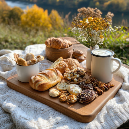 A wooden tray with a variety of breads and pastries, accompanied by a cup of coffee and a vase of flowers. Concept of warmth and comfort, inviting the viewer to enjoy a leisurely meal outdoorsの素材