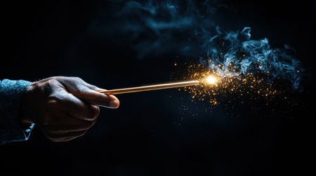 A person is holding a wand and a spark of light is coming out of it. The image has a mystical and magical feel to itの素材