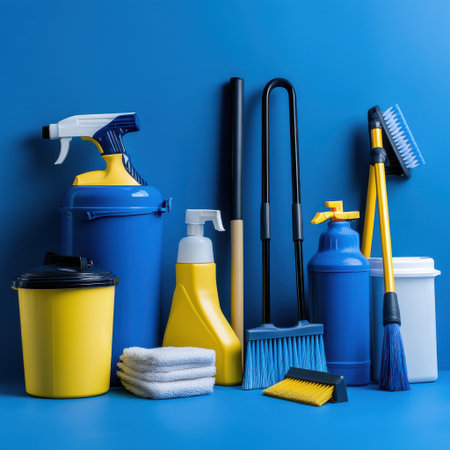 A blue wall with a variety of cleaning supplies, including a yellow bucket, a yellow spray bottle, a yellow mop, and a yellow broomの素材