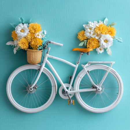 A white bicycle with yellow flowers on it is hanging on a wall. The flowers are yellow and white, and they are arranged in a basket on the front of the bike. The bike is the main focus of the imageの素材