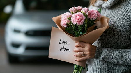 A woman holding a bouquet of pink flowers and a card that says "Love Mom". Concept of love and appreciation for a mother figureの素材