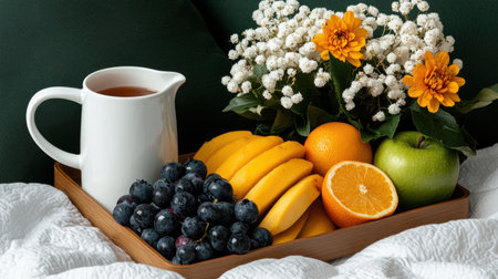 A tray of fruit and flowers is placed on a bed. The tray contains apples, oranges, and grapes. The flowers are yellow and white, and they are arranged in a vaseの素材