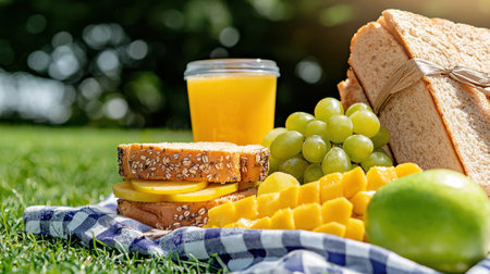 A picnic with a sandwich, grapes, and fruit. Scene is relaxed and casualの素材