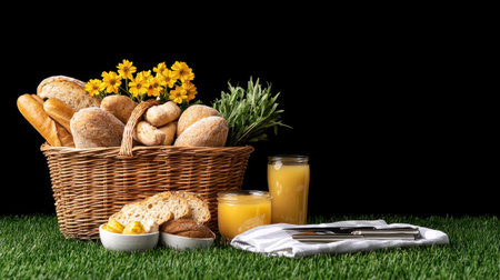 A basket of bread and a jar of honey are on a table. The basket is filled with various types of bread, including baguettes and rolls. The honey jar is placed next to the breadの素材