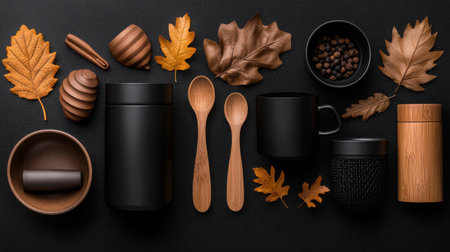 A black and brown table with various items on it, including a bowl, a cup, a spoon, and a container. The items are arranged in a way that creates a sense of warmth and comfort, with the brownの素材